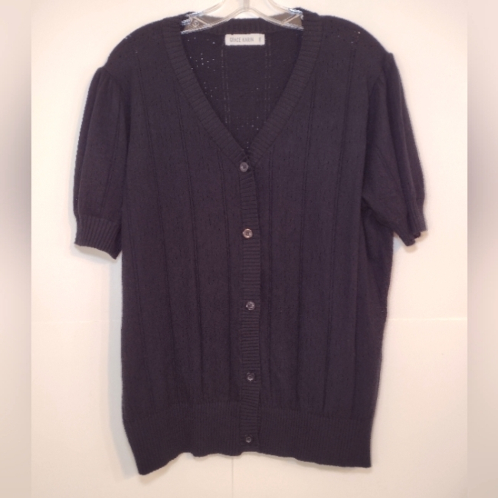 GRACE KARIN women's black knit short sleeve button down sweater size(2XL)